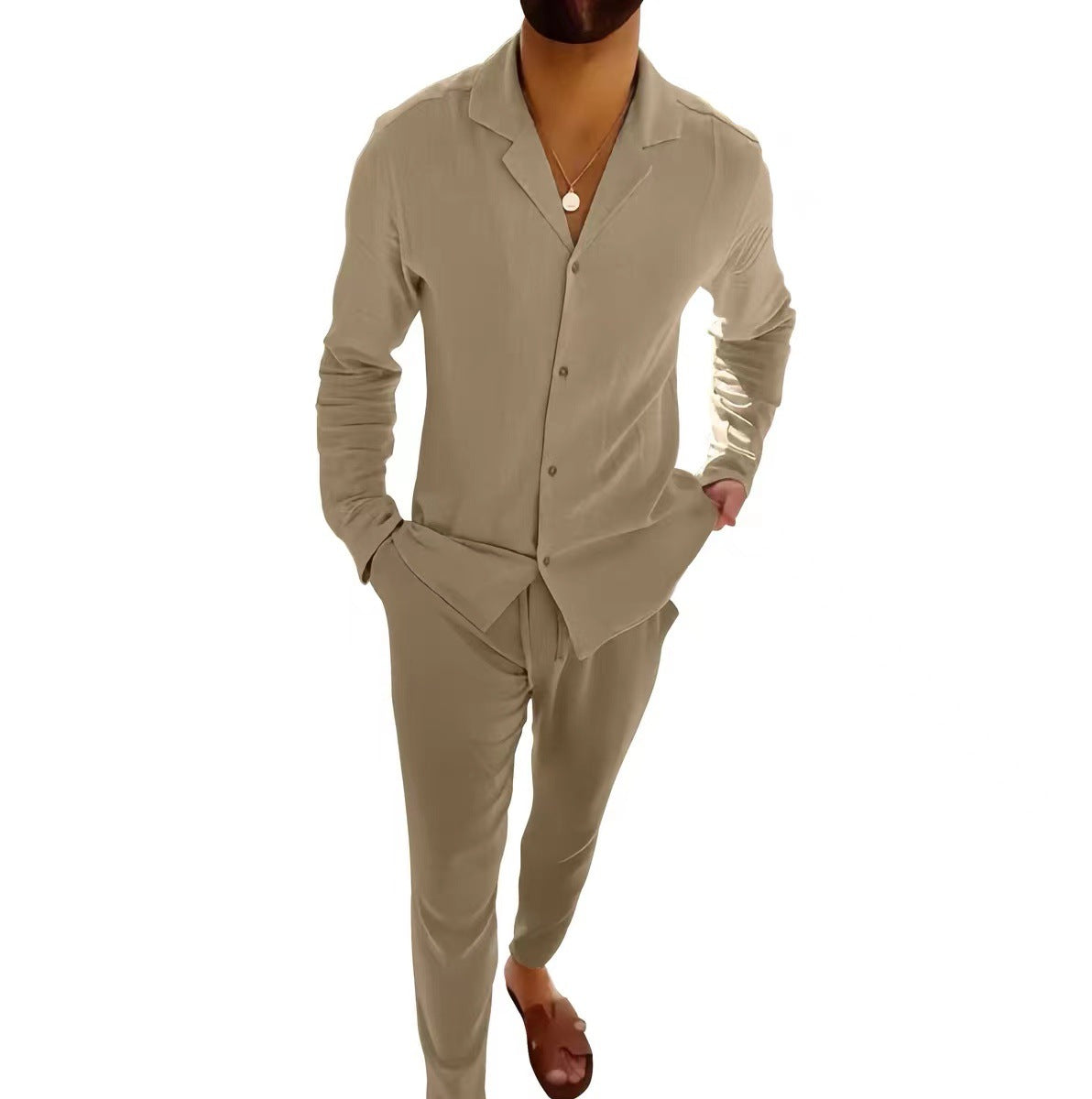 Lapel Single-breasted Shirt Top and Trousers