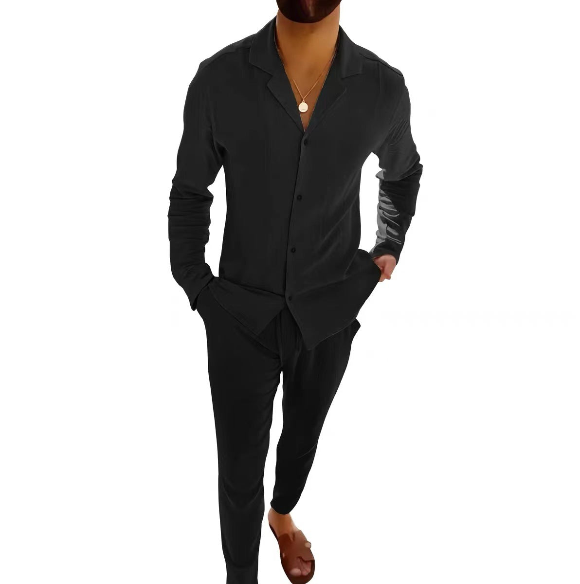 Lapel Single-breasted Shirt Top and Trousers