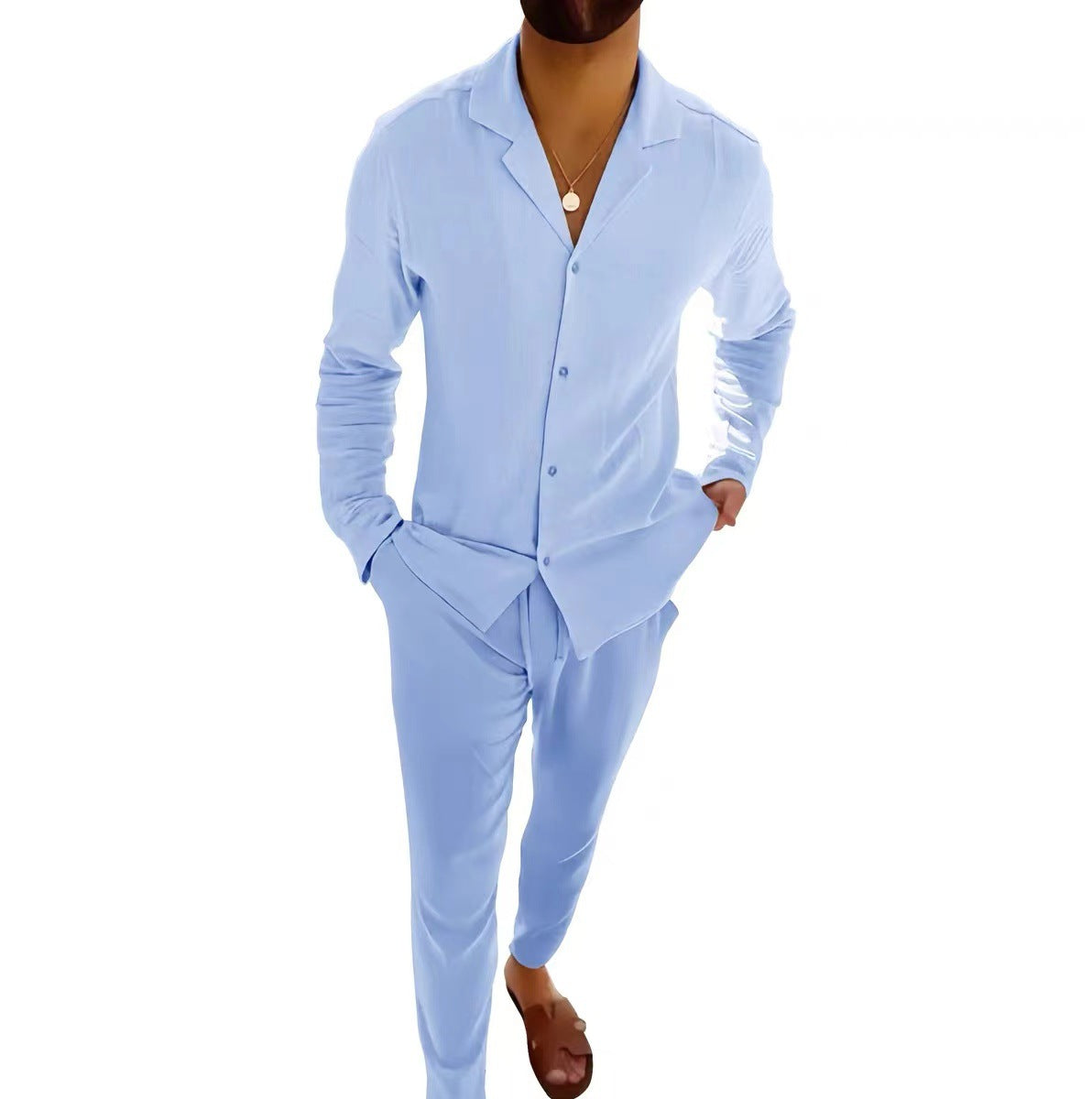 Lapel Single-breasted Shirt Top and Trousers