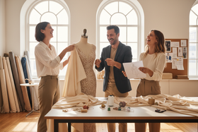 designers laughing as they work on a dress