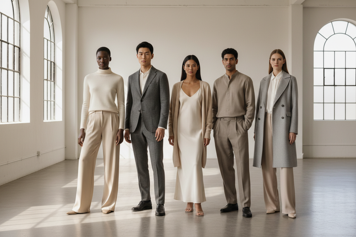 Models of various races in quiet luxury clothing